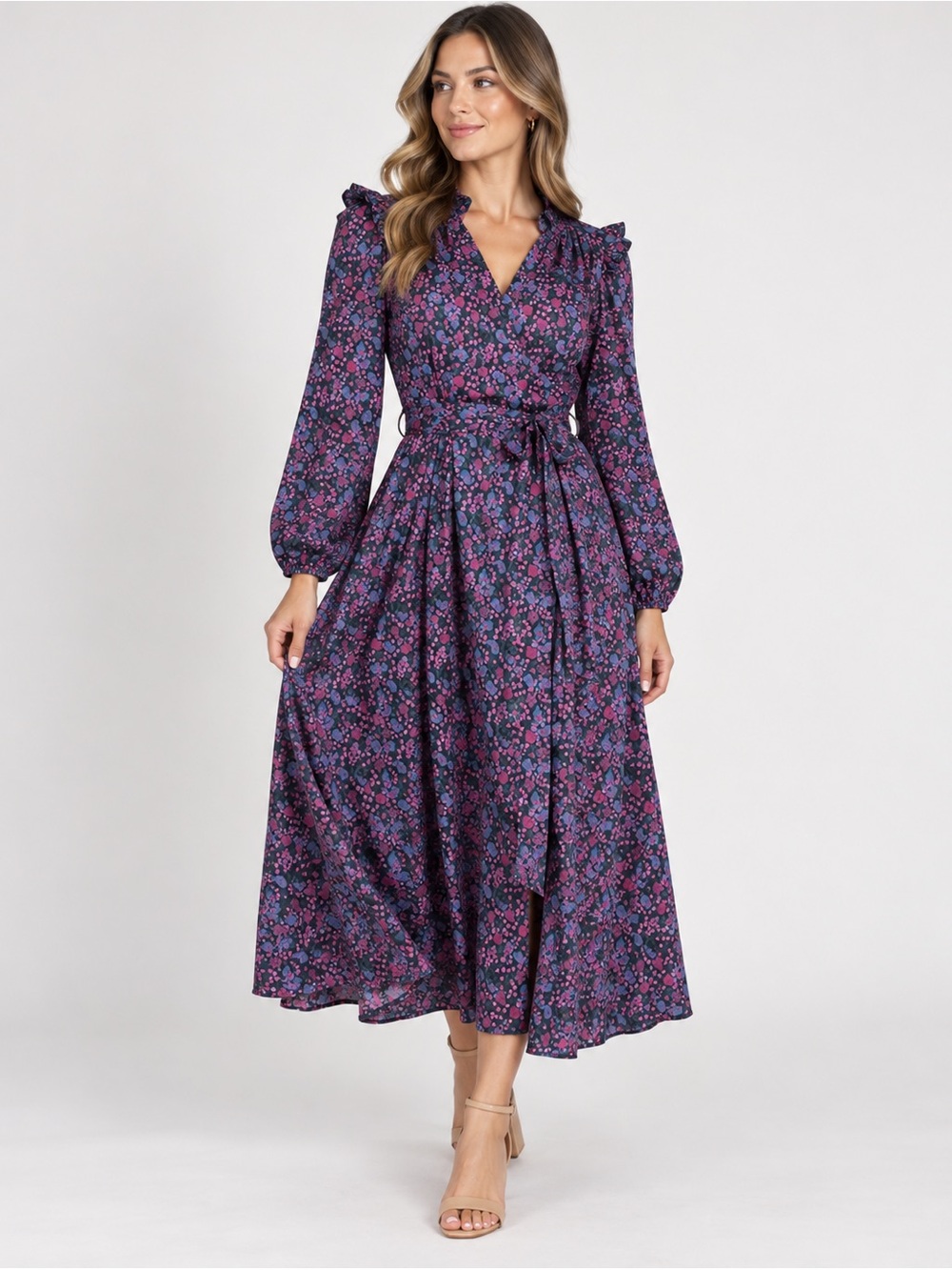 Xirena Isley Pink Blue Floral Paisley Ruffle Collar Belted Midi Dress Size Large